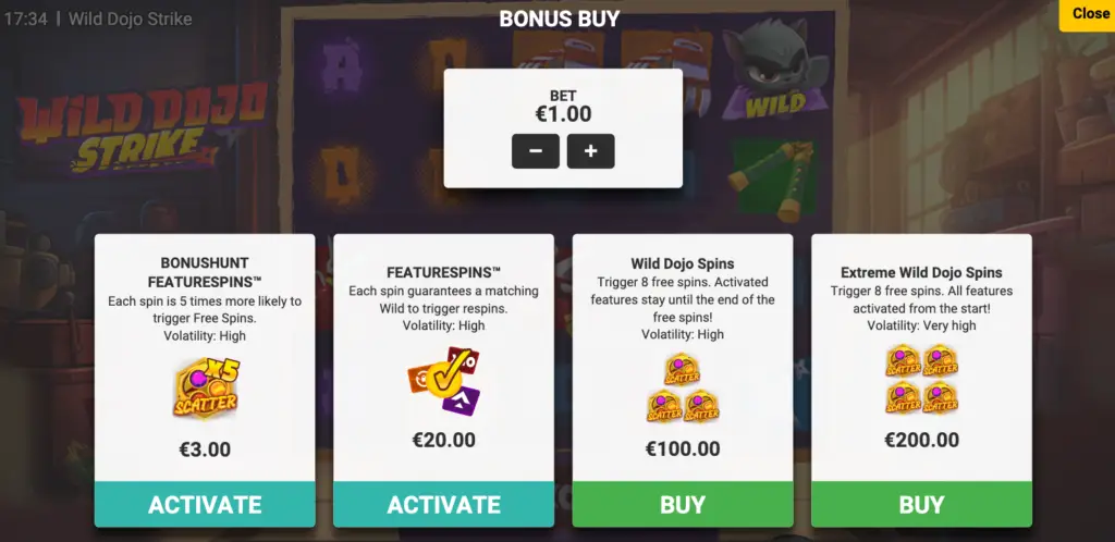 Feature Buy in Wild Dojo Strike slot which is created by Bullshark Games